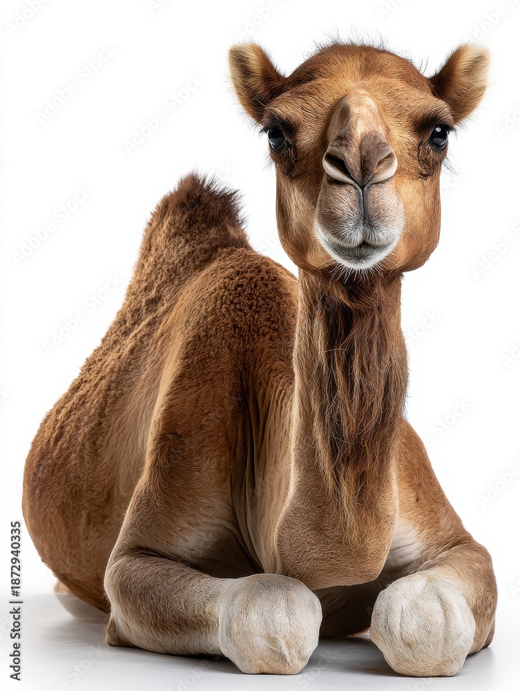 Obraz premium A baby camel is laying down on a white background