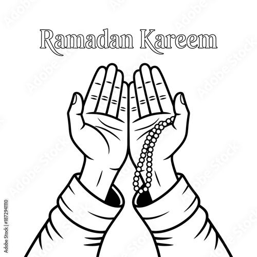 Ramadan kareem greeting with praying hands and prayer beads illustration