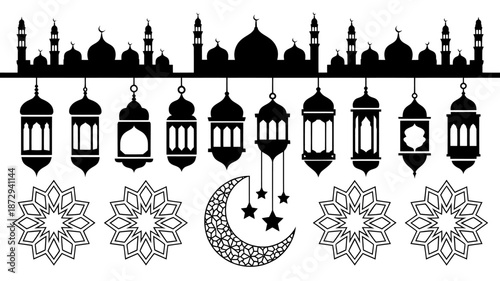 Beautiful islamic design elements with lanterns and mosque silhouette for ramadan kareem background