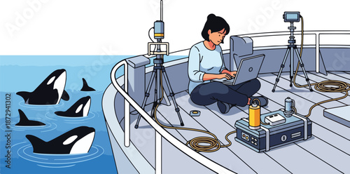 A person sits on a boat deck with equipment monitoring orcas swimming in the ocean nearby.