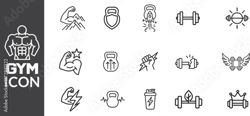 Collection of gym related icons displaying fitness equipment muscular physique and athletic symbols on transparent background silhouette high quality professional detailed