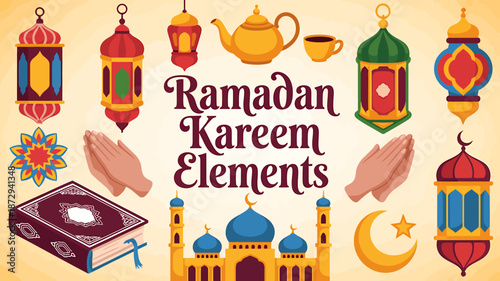 Ramadan kareem elements with lanterns mosque and quran book illustration