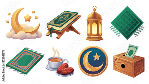 Ramadan elements collection featuring quran and prayer symbols