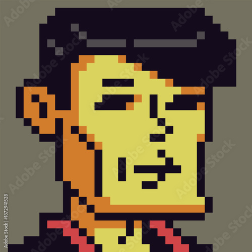 Pixel art portrait of adult man with short dark hair 8-bit style character game character, avatar, profile icon, UI element, stickers, and indie digital project.