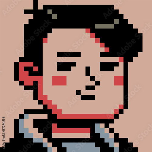 Pixel art portrait of young man with short dark hair and neutral expression retro 8-bit style character, avatar, profile icon, UI elements, sticker and indie digital project.