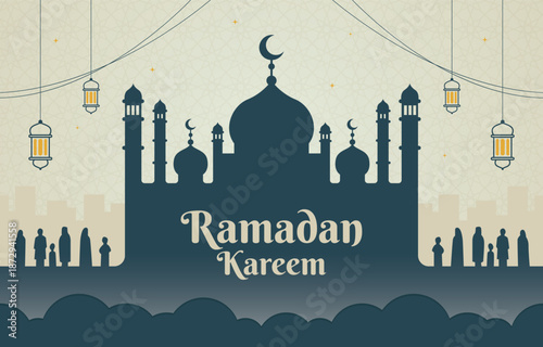 Ramadan Kareem Background with dark color Mosque and islamic decorative