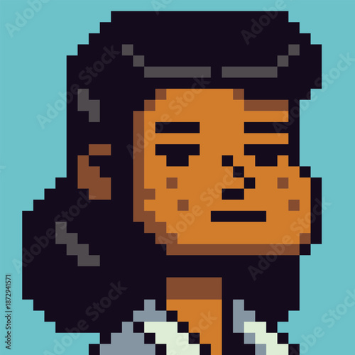 Pixel art portrait of adult woman with long dark hair 8-bit style character, avatars, profile icons, UI elements, stickers, and indie digital projects.