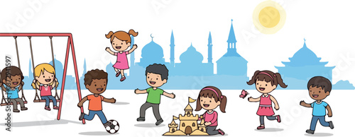 Children playing outside with swings and cityscape in background happily