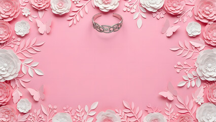 Intricate paper art floral border with butterflies surrounding silver diamond cuff bracelet on pink