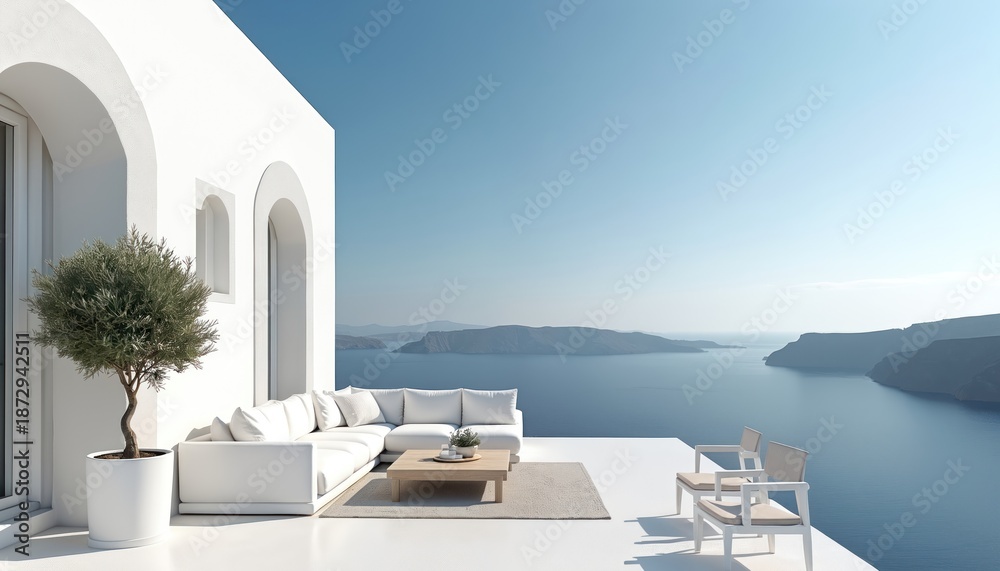 Fototapeta premium White minimalist terrace with modern sofa and chairs offers ocean views. Potted olive tree adds charm to this scenic coastal relaxation spot. Ideal for luxury travel.