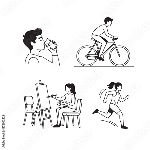 Line Art Illustrations of People Exercising and Creating Art in Simple Monochrome Style for Fitness and Artistic Inspiration