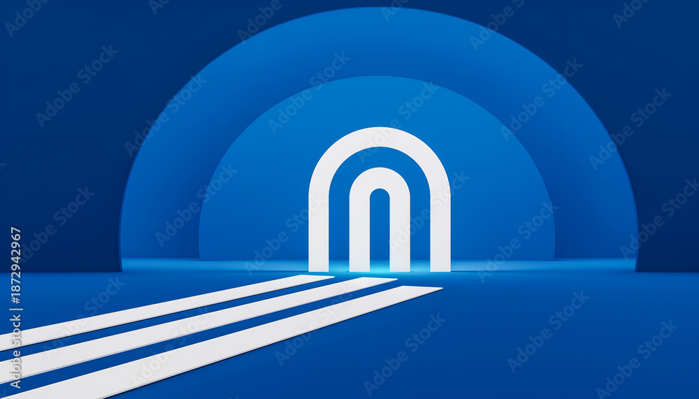 Obraz premium Minimal 3D Secure Gateway Tunnel Entrance on Blue Background with Copy Space