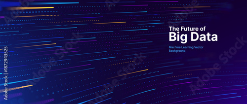 Big Data Technology Flow Background with Neural Network Particles and Digital Stream Lines. Futuristic Data Science Concept. Tech Business Presentation or Annual Report Template. Vector Illustration.
