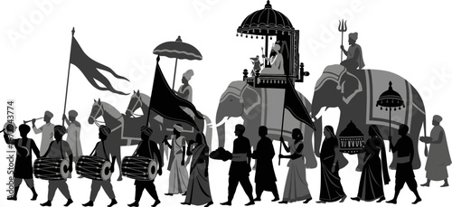 Indian Traditional Religious Procession with Elephants and Musicians Silhouette