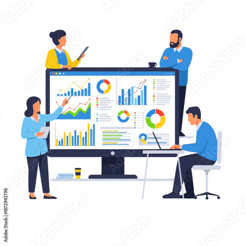 Business team analyzing data on a large computer screen with charts and graphs