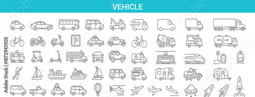 Vehicle transport icon set with cars trucks buses trains airplanes ships bicycles and futuristic spacecraft, modern thin line vector illustration collection for logistics transportation projects