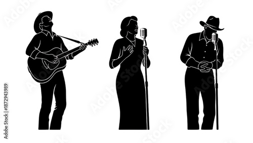 Silhouettes of musicians performing on stage with microphone and guitar