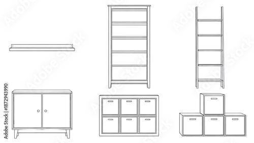 Collection of various modern furniture pieces for home and office organization