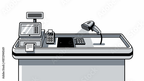Modern supermarket checkout counter with barcode scanner and POS terminal.