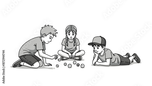 Group of children playing marbles traditional game illustration