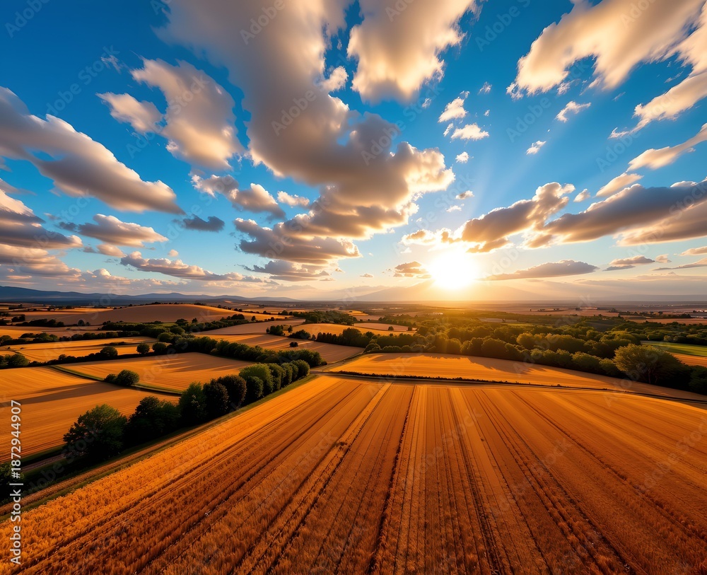 Fototapeta premium Majestic Sunset Over Golden Fields and Lush Green Valleys with Dramatic Cloudscape in a Rural Landscape