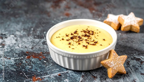 Delicious Vanilla Pudding with Star Cookies on Rustic Surface.