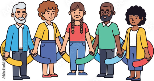 Diverse people hold hands in a line with colorful rings around them