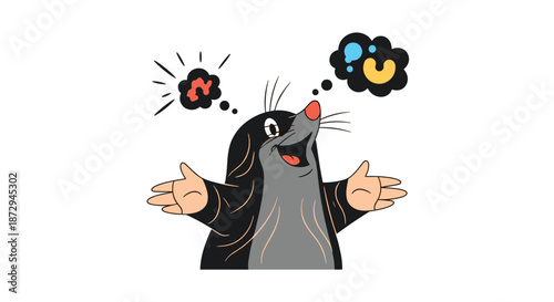 A classic cartoon mole character is looking up happily with his arms open, dreaming of a worm and a colorful object.