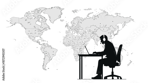 Silhouette of a professional male call center agent working on laptop with world map background.