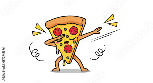 A cute and funny slice of pepperoni pizza character is doing the popular dab dance move with a happy, kawaii expression.