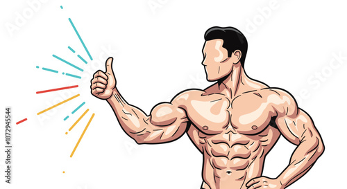 A muscular and fit bodybuilder with a confident expression is giving a thumbs-up sign of approval with colorful sparks.