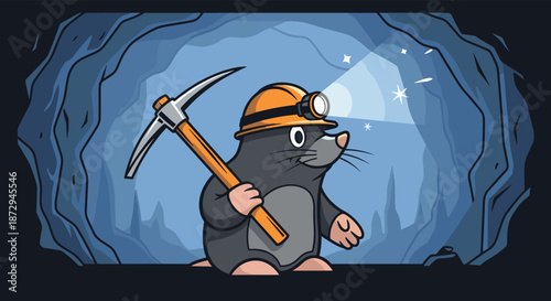 A cute cartoon mole character wearing a miner's helmet with a headlamp is holding a pickaxe inside a dark mining cave.