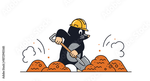 A hardworking cartoon mole wearing a yellow construction helmet is digging a hole in the ground with a shovel and dirt flying.