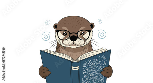 An adorable and intellectual cartoon otter wearing glasses is deeply focused on reading a story from a large blue book.
