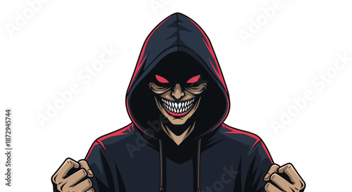 An evil villain character in a dark hoodie with glowing red eyes and a menacing, sharp-toothed grin clenches his fists.