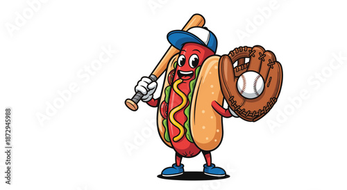 A fun hot dog cartoon character is ready to play baseball, holding a wooden bat and wearing a catcher's mitt with a ball.