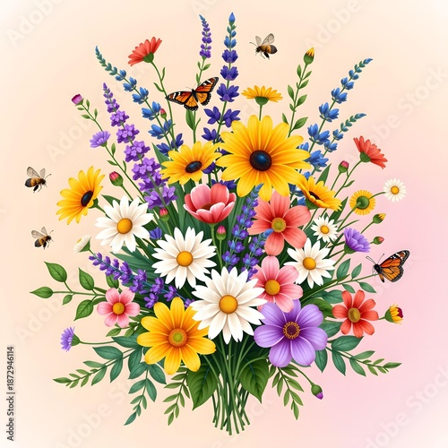 Vibrant Floral Arrangement Featuring Colorful Wildflowers, Butterflies, and Bees on a Soft Pink Background for Nature Lovers and Art Enthusiasts
