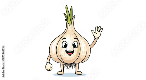 A cute and friendly garlic bulb cartoon character with arms and legs is smiling and waving a hand in greeting on white.