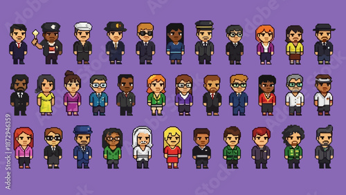 A diverse collection of pixel art characters in various professions and styles, arranged in rows against a purple background.