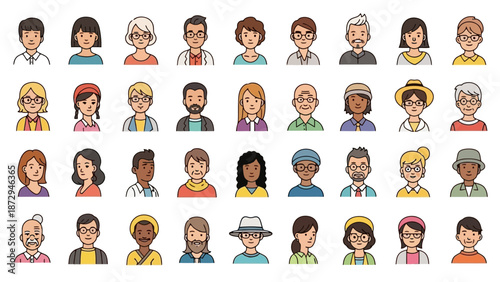 A diverse collection of cartoon avatars representing people of various ages, genders, and ethnicities.
