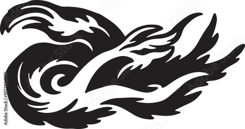 Stylized black and white phoenix bird in flight illustration