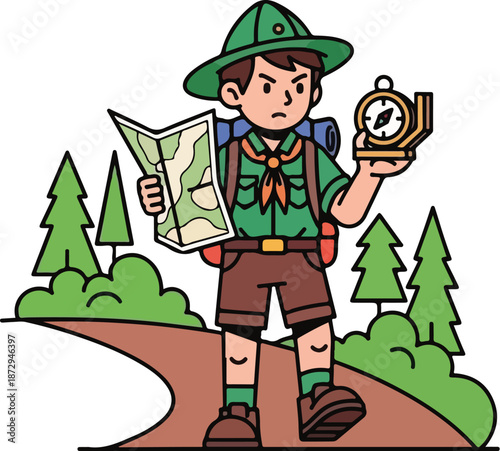 A young boy scout in a green uniform analyzes a map and compass on a forest path.