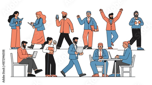 A diverse group of professionals engaged in various work-related activities, showcasing collaboration and individual tasks.