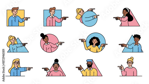 A collection of diverse people pointing fingers in various geometric shapes, illustrating direction or accusation.