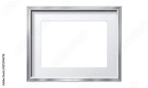 Silver picture frame with white mat on isolated transparent background for photo display