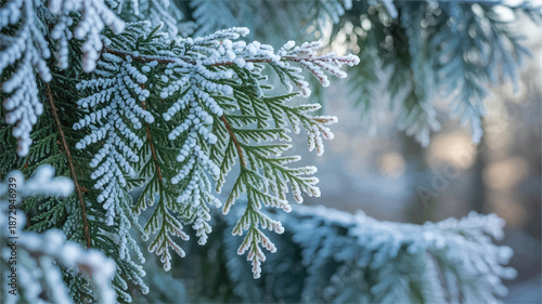 frosted pine tree branch in winter forest