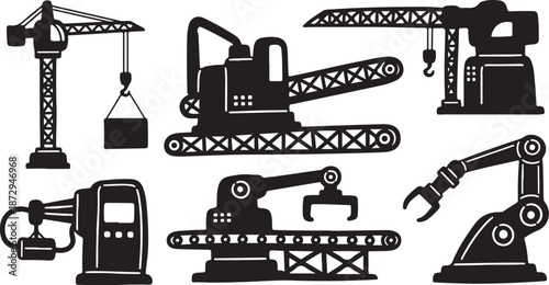 Industrial construction machines and robotic arms in black silhouette