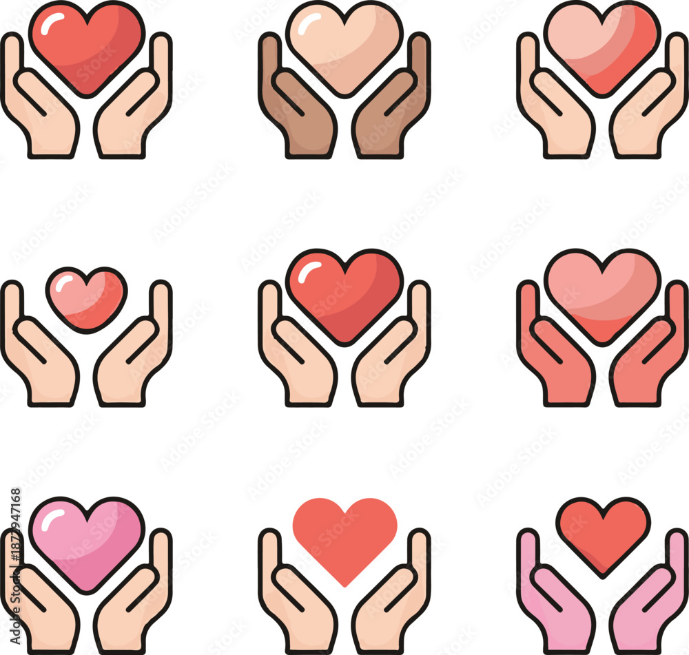 Obraz premium Minimalist Vector Icons of Hands Holding Heart Symbols, Charity and Healthcare Concepts