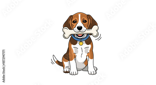 Adorable cartoon beagle puppy sitting happily with a large white bone in its mouth and its tail wagging on a plain background.