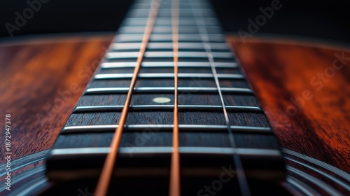 A close-up of a guitar neck with the strings visible.
